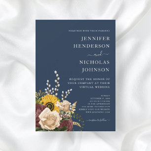 Rustic Navy Blue Sunflower Wedding Invitation
