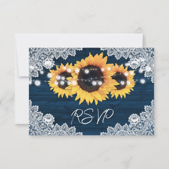 Rustic Navy Blue Sunflower Wedding RSVP Cards (Front)