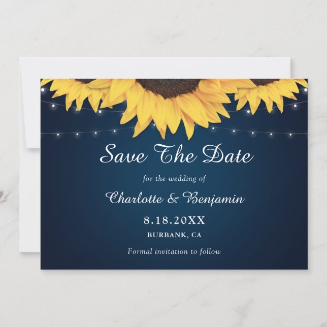 Rustic Navy Blue Sunflower Wedding Save The Date (Front)