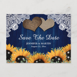 Rustic Navy Blue Sunflower Wedding Save The Date Announcement Postcard