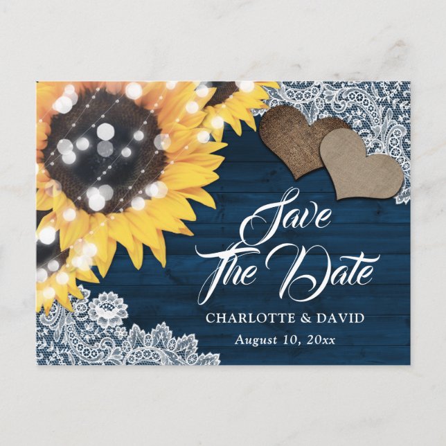 Rustic Navy Blue Sunflower Wedding Save The Date Announcement Postcard (Front)