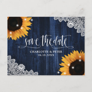 Rustic Navy Blue Sunflower Wedding Save The Date Postcard