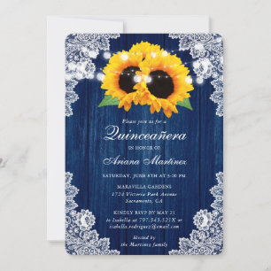 Rustic Navy Blue Sunflower Wood Lace Quinceañera Invitation