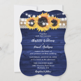 Rustic Navy Blue Sunflower Wood Wedding Invitation