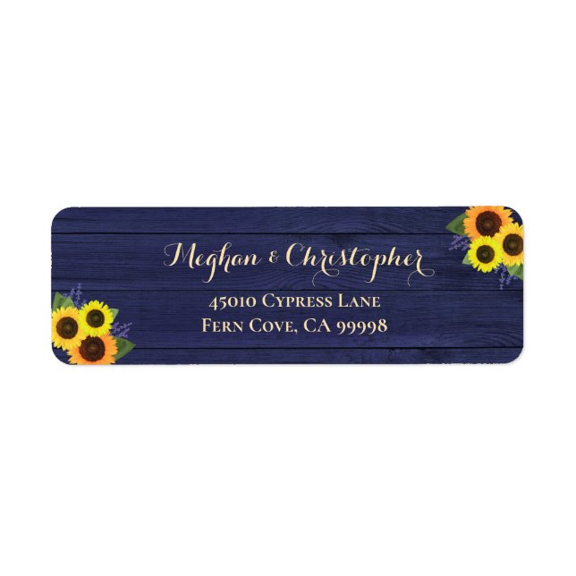 Rustic Navy Blue Sunflowers Wedding Return Address Label (Front)