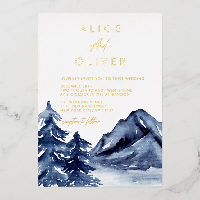 Rustic Navy Blue Trees Mountain Winter Wedding (Front)