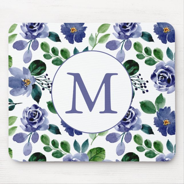 Rustic Navy Blue Watercolor Floral Monogram Mouse Pad (Front)