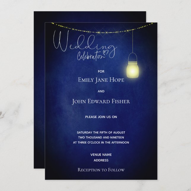 Rustic Navy Blue Watercolor Mason Jar Wedding Invitation (Front/Back)