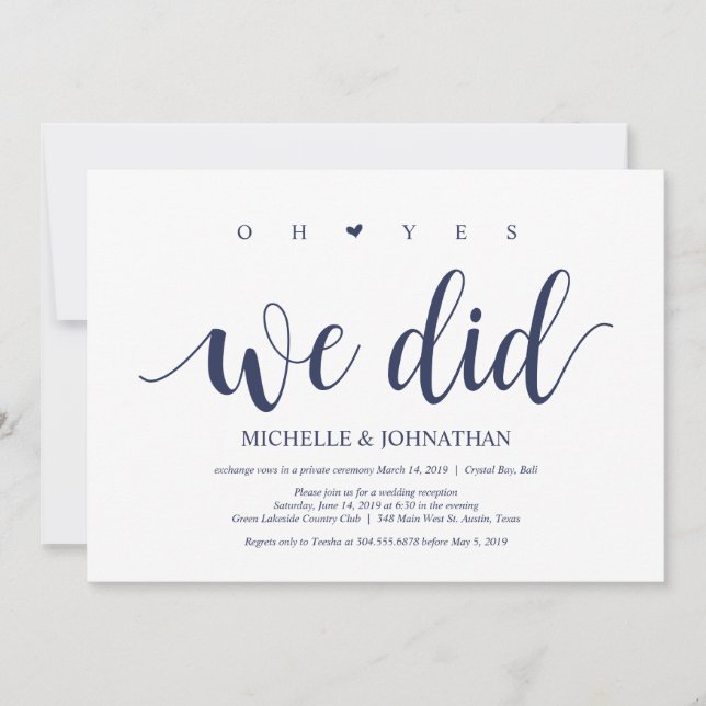 Rustic Navy Blue Wedding Elopement Reception Invitation (Front)