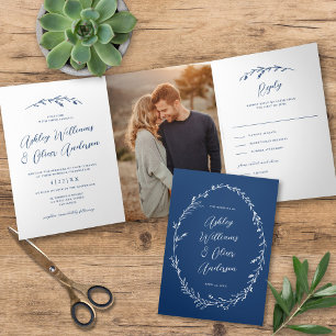 Rustic Navy Blue Wildflower Boho Photo Wedding Tri-Fold Invitation