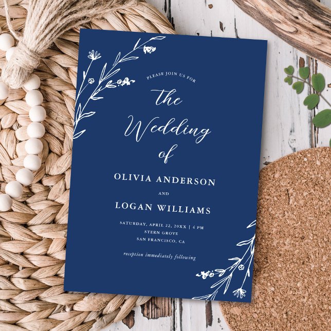 Rustic Navy Blue Wildflower Boho Wedding Invitation (Creator Uploaded)