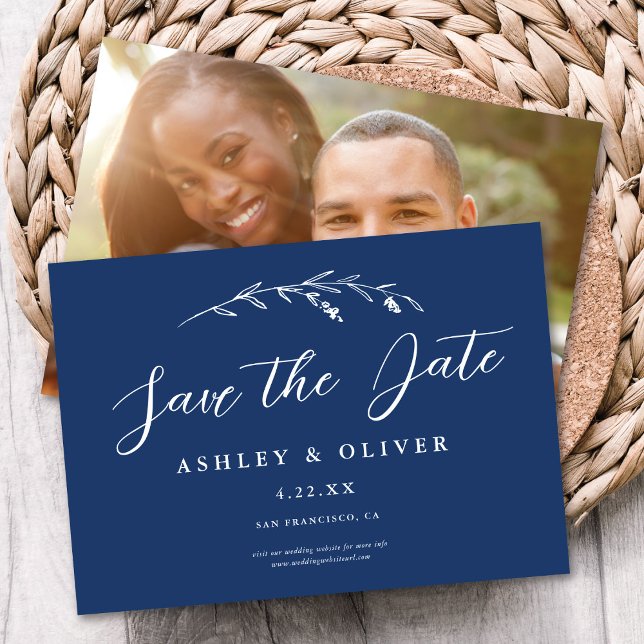 Rustic Navy Blue Wildflower + Photo Save The Date Invitation (Creator Uploaded)