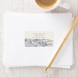 Rustic Navy Blue Winery Mountain Sketch Address Label