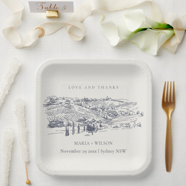 Rustic Navy Blue Winery Mountain Sketch Wedding Paper Plate (Wedding)