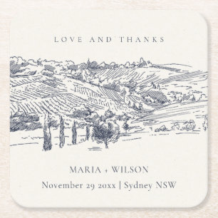 Rustic Navy Blue Winery Mountain Sketch Wedding Square Paper Coaster