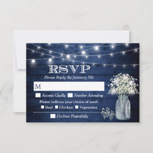 Rustic Navy Blue Wood Baby's Breath String Lights RSVP Card