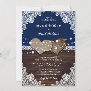 Rustic Navy Blue Wood Burlap Lace Wedding Invitation