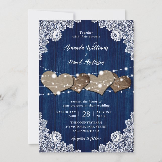 Rustic Navy Blue Wood Burlap Lace Wedding Invitation (Front)