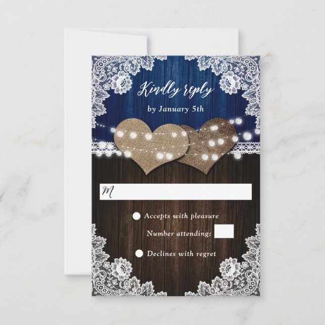 Rustic Navy Blue Wood Burlap Lace Wedding RSVP (Front)