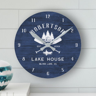 Rustic Navy Blue Wood Family Lake House Trees Round Clock