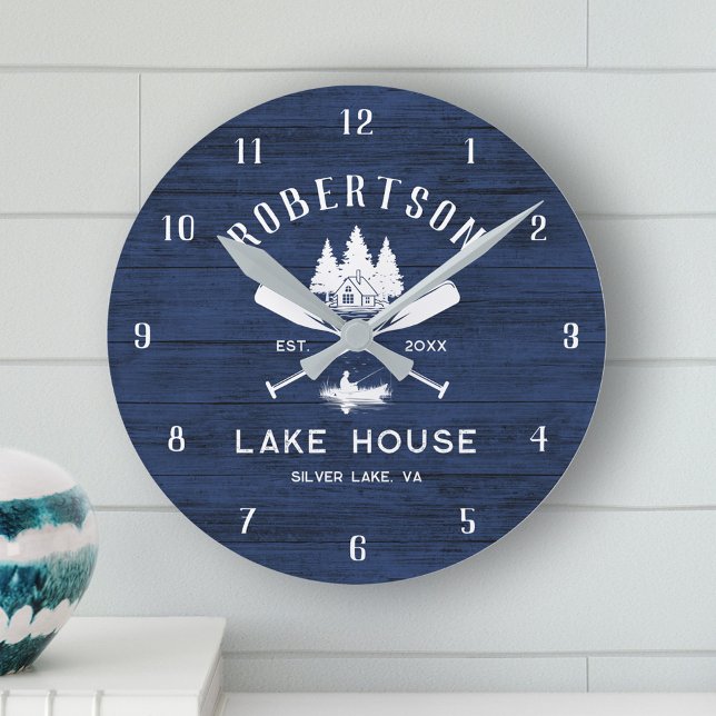 Rustic Navy Blue Wood Family Lake House Trees Round Clock (Creator Uploaded)