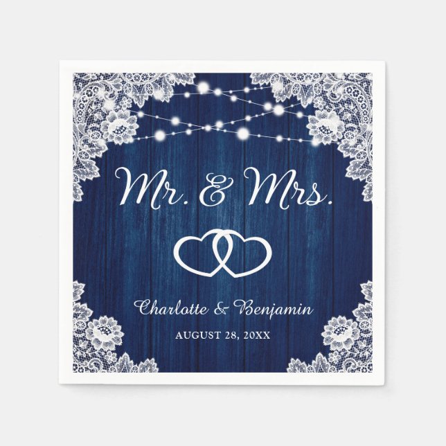 Rustic Navy Blue  Wood Lace String Lights Wedding Napkin (Front)