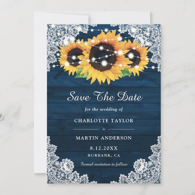 Rustic Navy Blue Wood Lace Sunflower Save the Date (Front)