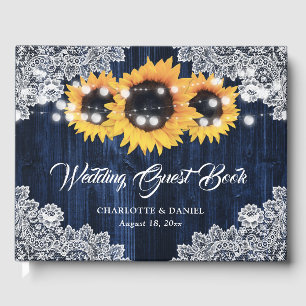 Rustic Navy Blue Wood Lace Sunflower Wedding Guest Book