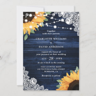Rustic Navy Blue Wood Lace Sunflower Wedding Invitation
