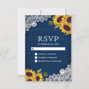 Rustic Navy Blue Wood Lace Sunflower Wedding RSVP Card