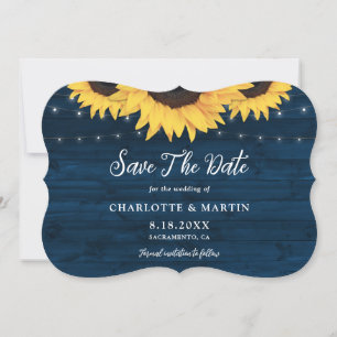 Rustic Navy Blue Wood Lights Sunflower Wedding Save The Date