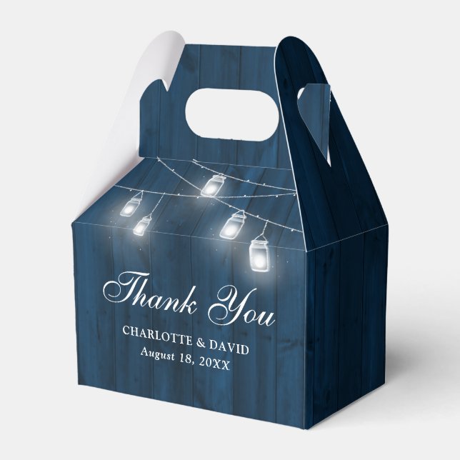 Rustic Navy Blue Wood Mason Jars Wedding Thank You Favour Box (Front Side)