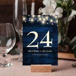 Rustic Navy Blue Wood String Light Table Card<br><div class="desc">Rustic table card with a navy wood background featuring string lights. The font colours and font styles on the table card design are all fully customisable.</div>