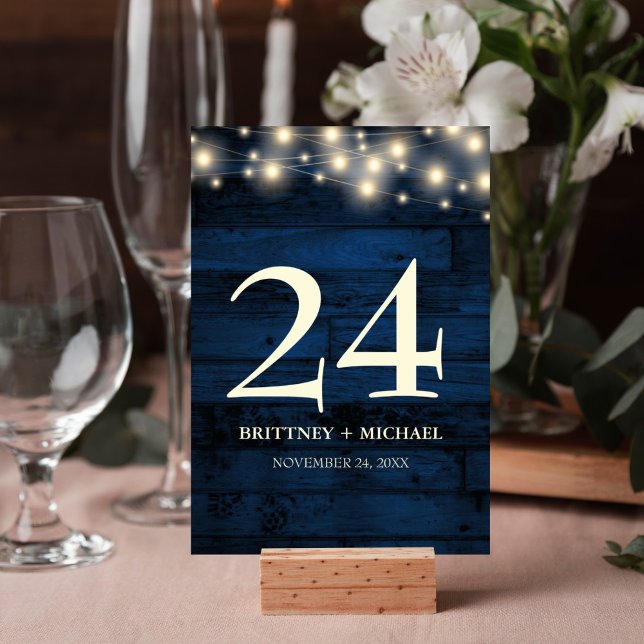 Rustic Navy Blue Wood String Light Table Card (Creator Uploaded)