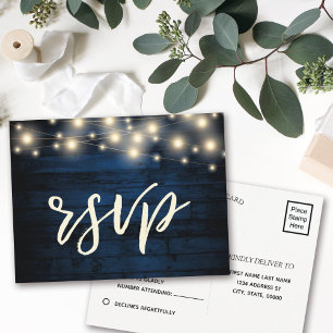 Rustic Navy Blue Wood String Lights RSVP Invitation Postcard