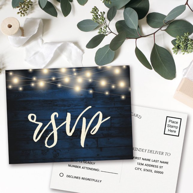 Rustic Navy Blue Wood String Lights RSVP Invitation Postcard (Creator Uploaded)