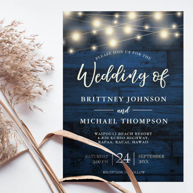 Rustic Navy Blue Wood String Lights Wedding Invitation | Zazzle