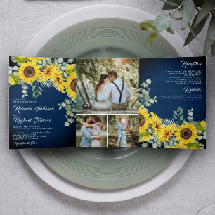 Rustic Navy Blue Wood Sunflower Eucalyptus Wedding Tri-Fold Invitation