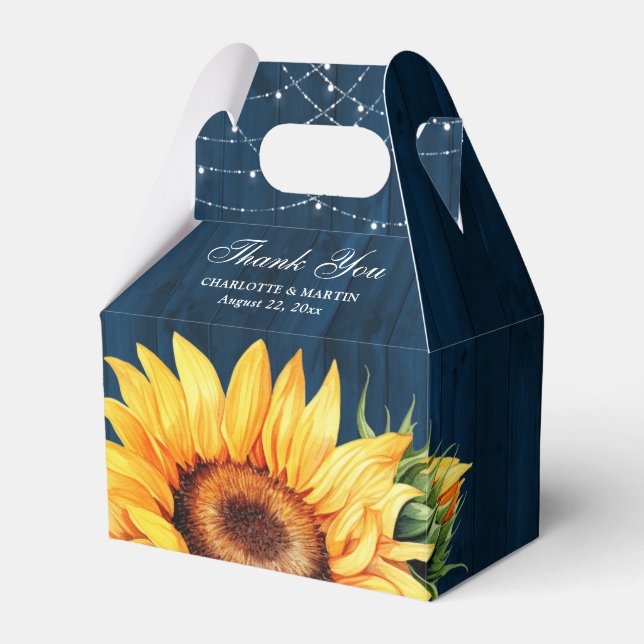 Rustic Navy Blue Wood Sunflower Floral Monogram Favour Box (Front Side)