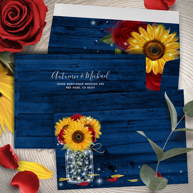 Rustic Navy Blue Wood Sunflower Red Rose Wedding Envelope (Personalize your own rustic sunflower red rose wedding return address envelopes with navy blue wood.)
