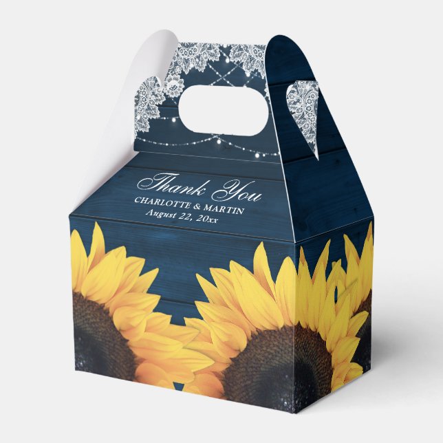 Rustic Navy Blue Wood Sunflower Wedding Favour Box (Front Side)