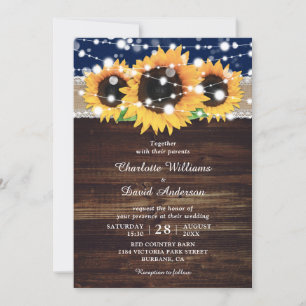 Rustic Navy Blue Wood Sunflower Wedding Invitation