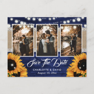 Rustic Navy Blue Wood Sunflower Wedding Photo Announcement Postcard
