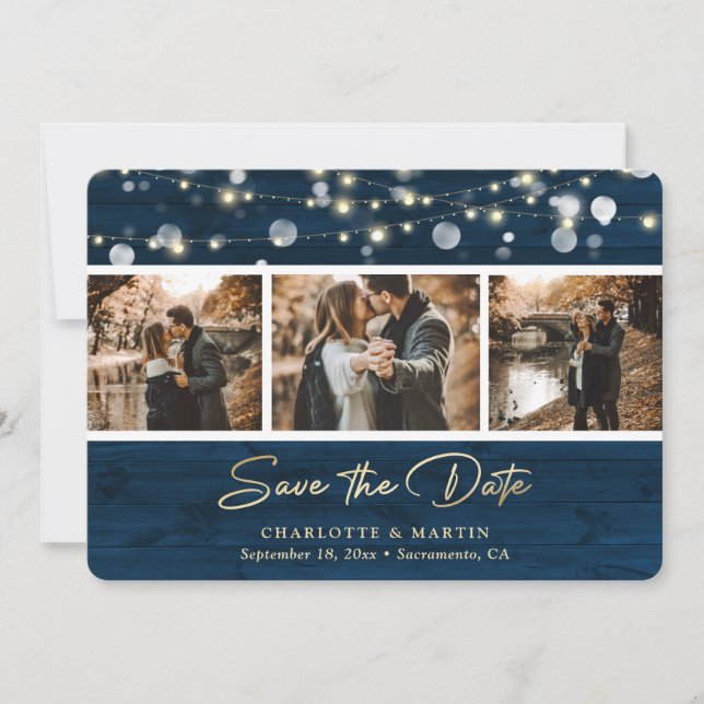 Rustic Navy Blue Wood Wedding Photo Save The Date (Front)