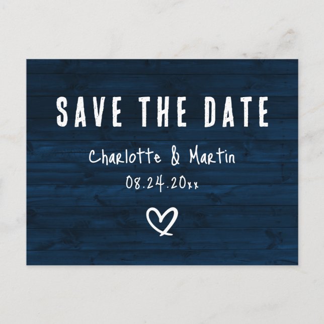 Rustic Navy Blue Wood Wedding Save The Date Postcard (Front)