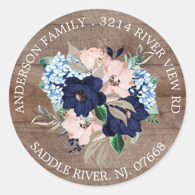 Rustic Navy & Blush Floral Address Label Sticker (Front)