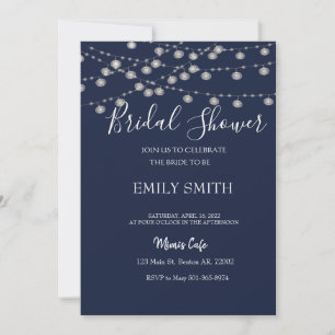 Rustic navy bridal shower white string lights  invitation