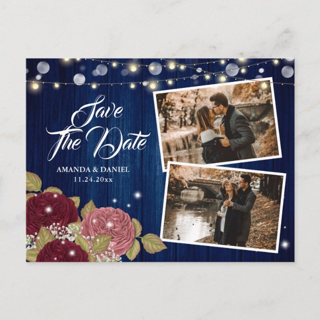 Rustic Navy Burgundy Blush 2 Photo Save The Date Announcement Postcard (Front)