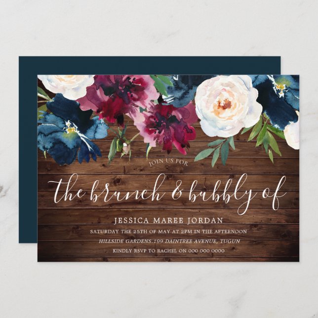 Rustic Navy Burgundy Brunch & Bubbly Bridal Shower Invitation (Front/Back)