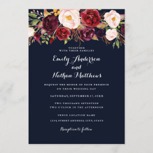 Rustic Navy Burgundy Floral Wedding Invitation
